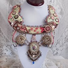 Arc-En-Ciel Haute-Couture necklace embroidered with a Limoge porcelain cabochon, Swarovski crystals and pearls. 